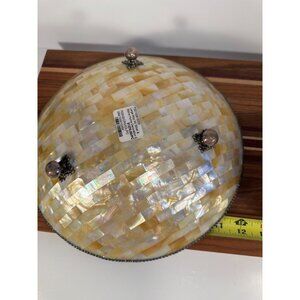 Handcrafted Mother-Of-Pearl Decorative Bowl With Ornate Metal Trim & Gem Accents